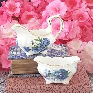 Vintage Hammersley Cornflower Blue Bone China Creamer & Sugar Bowl Set